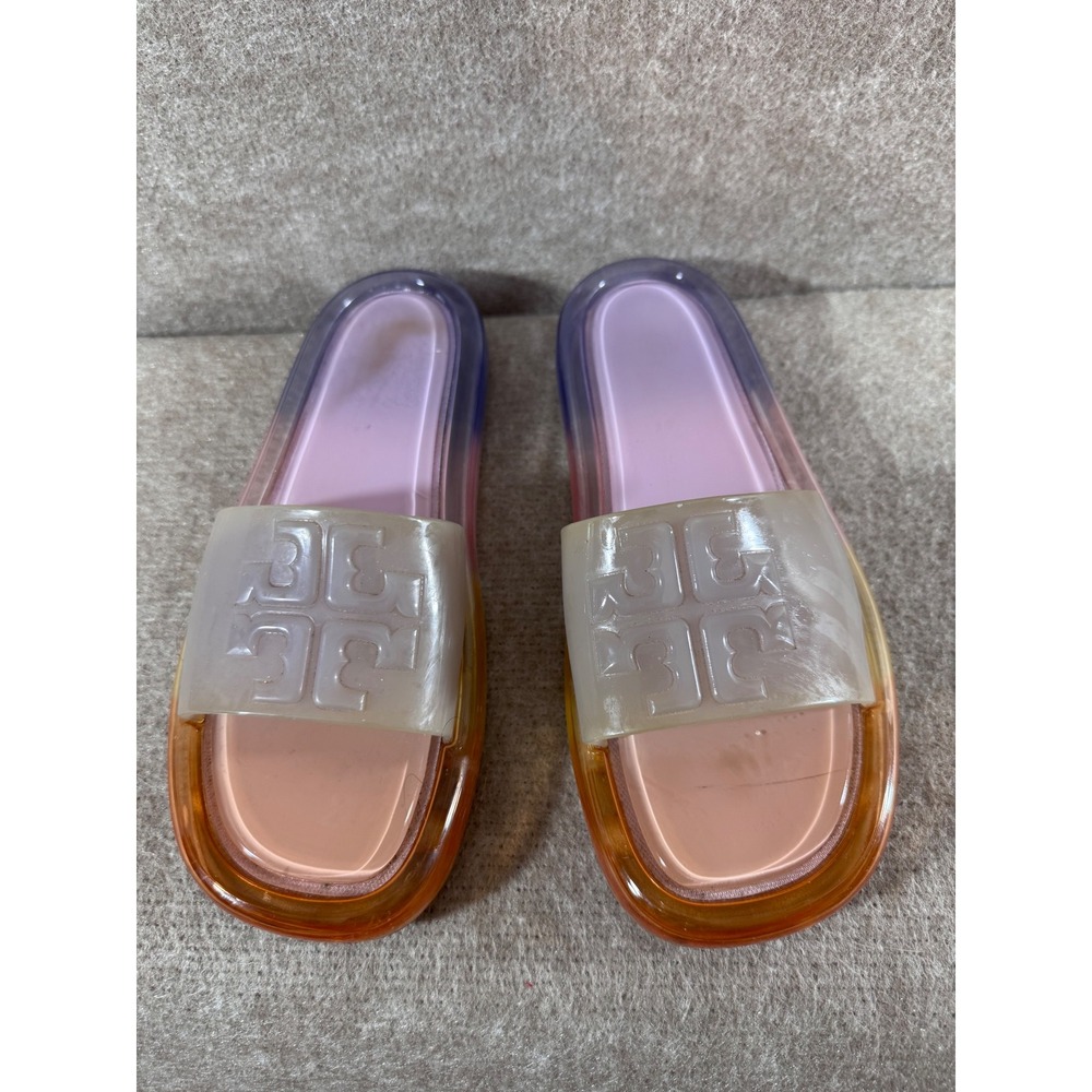 Tory Burch Bubble Jelly Slides Women 9B Ombre Pink Orange Purple Logo Sandals